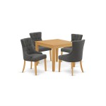 5Pc Dining Set, Square Dinette Table, Four Parson Chairs, Dark Gotham Grey Fabric, Oak Finish