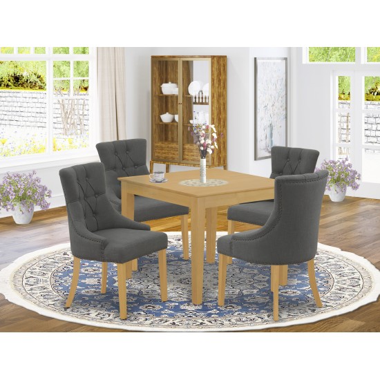 5Pc Dining Set, Square Dinette Table, Four Parson Chairs, Dark Gotham Grey Fabric, Oak Finish