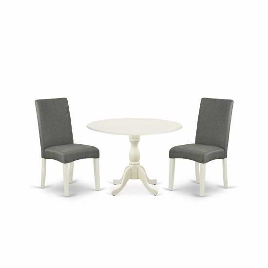 3 Pc Wood Dining Set, 1 Drop Leaves Table, 2 Grey Padded Chair, High Back, Linen White Finish