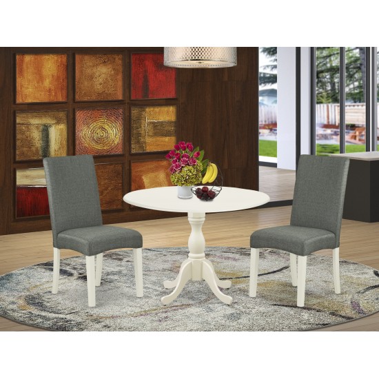 3 Pc Wood Dining Set, 1 Drop Leaves Table, 2 Grey Padded Chair, High Back, Linen White Finish