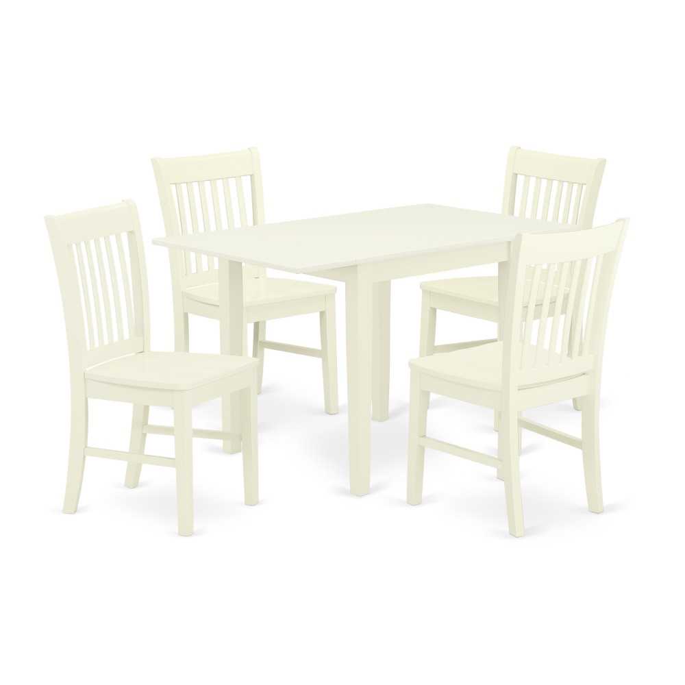 5Pc Dinette Set For Small Spaces, Table, 4 Chair, Rubberwood Seat, Linen White