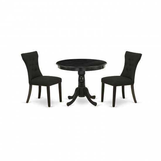 3-Pc Dining Set Included A Round Kitchen Table & 2 Kitchen Chairs, Black Parson Chairs Seat, Rubber Wood Legs, Black Finish