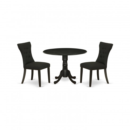 3Pc Dining Kitchen Set, Round Breakfast Table, 2 Chairs, Black Parson Chairs Seat, Rubber Wood Legs, Black