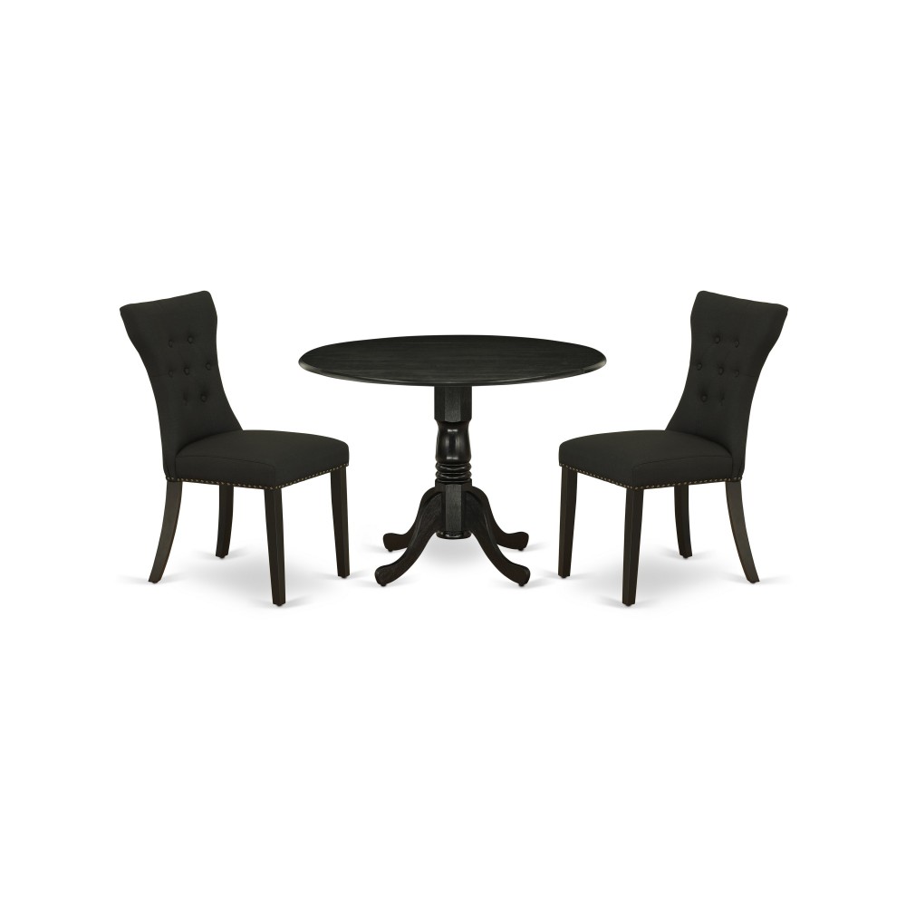 3Pc Dining Kitchen Set, Round Breakfast Table, 2 Chairs, Black Parson Chairs Seat, Rubber Wood Legs, Black