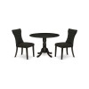 3Pc Dining Kitchen Set, Round Breakfast Table, 2 Chairs, Black Parson Chairs Seat, Rubber Wood Legs, Black