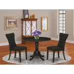 3Pc Dining Kitchen Set, Round Breakfast Table, 2 Chairs, Black Parson Chairs Seat, Rubber Wood Legs, Black