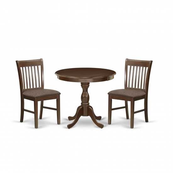 3 Pc Wooden Dining Set, 1 Round Pedestal Table, 2 Mahogany Chair, Slatted Back, Mahogany Finish