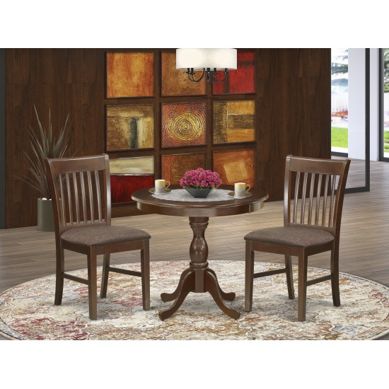 3 Pc Wooden Dining Set, 1 Round Pedestal Table, 2 Mahogany Chair, Slatted Back, Mahogany Finish