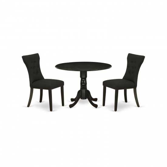 3-Pc Dining Set, Round Dinner Table, 2 Kitchen Chairs, Black Parson Seat, Black