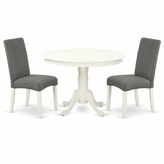 3Pc Round 42" Dining Table, Two Parson Chair, Linen White Finish Leg, Gray Color