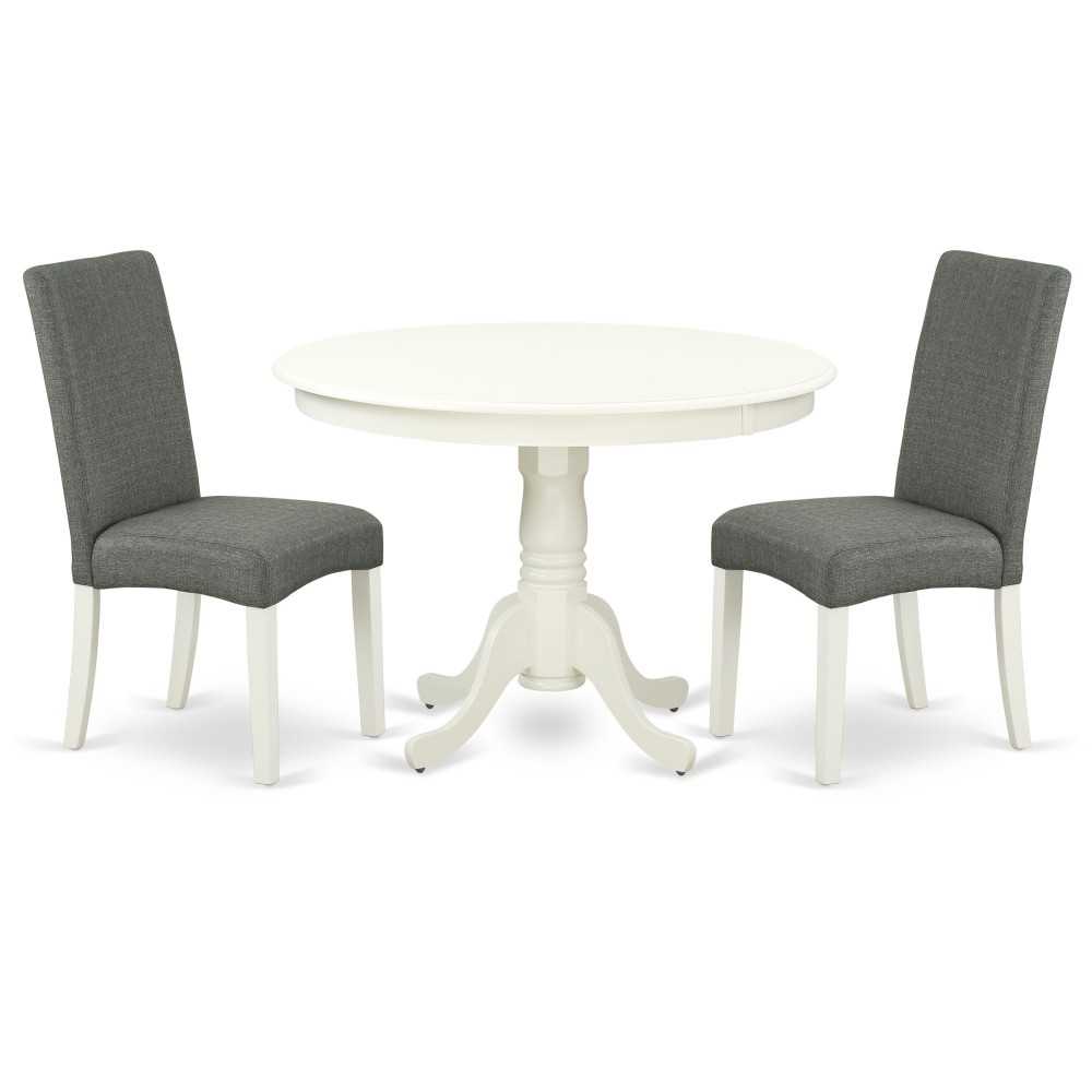 3Pc Round 42" Dining Table, Two Parson Chair, Linen White Finish Leg, Gray Color