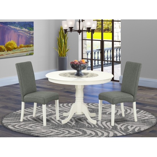 3Pc Round 42" Dining Table, Two Parson Chair, Linen White Finish Leg, Gray Color