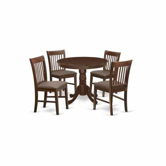 5Pc Round 36 Inch Kitchen Table And Four Linen Fabic Seat Chairs