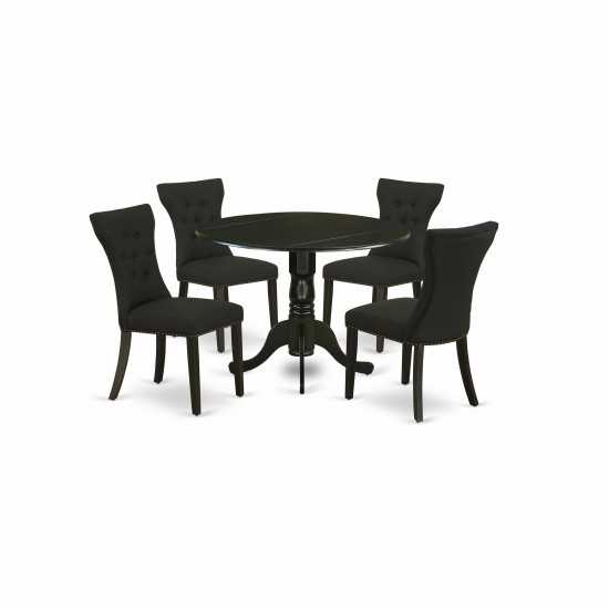 5-Pc Round Dinette Set, Dining Table, 4 Dining Chairs, Black Parson Chairs Seat, Rubber Wood Legs, Black