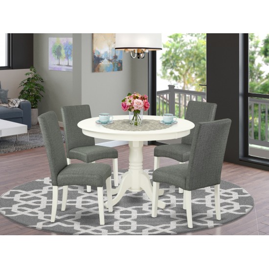 5Pc Round 42" Dinette Table, Four Parson Chair, Linen White Finish Leg