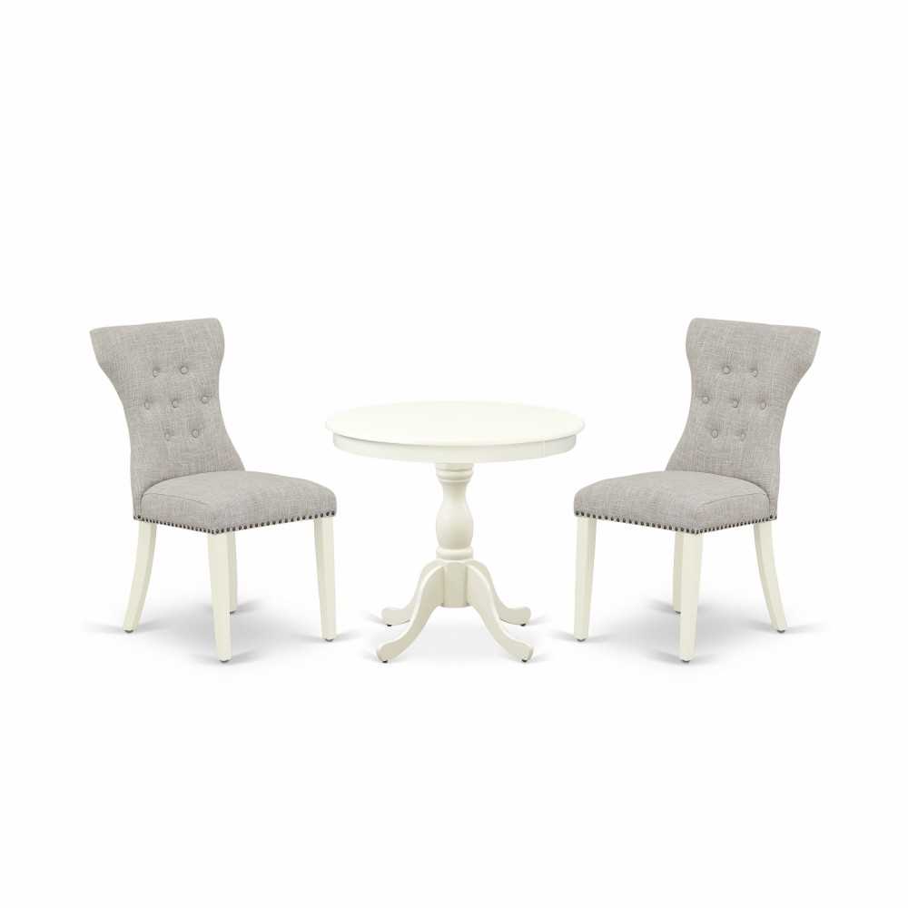 3Pc Wood Dining Set, 1 Table, 2 Doeskin Upholstered Chair Back, Nail Heads, Linen White Finish