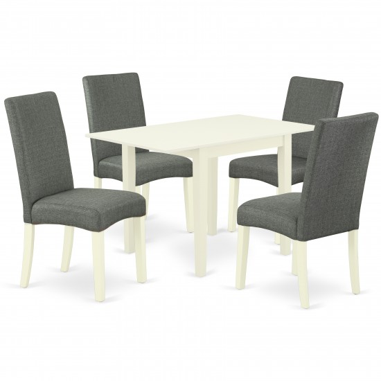 Dining Set 5 Pcs, 4 Chairs, Table, Linen White Finish Solid Wood, Gray Color
