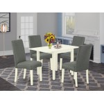 Dining Set 5 Pcs, 4 Chairs, Table, Linen White Finish Solid Wood, Gray Color