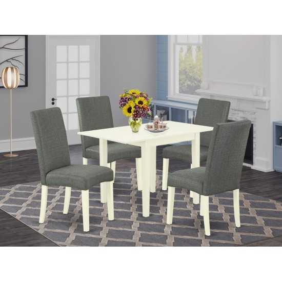 Dining Set 5 Pcs, 4 Chairs, Table, Linen White Finish Solid Wood, Gray Color