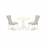 3Pc Wood Dining Set, Round Table, 2 Dining Chairs, Rubber Wood Legs, Linen White