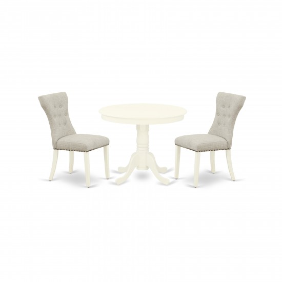 3Pc Wood Dining Set, Round Table, 2 Dining Chairs, Rubber Wood Legs, Linen White