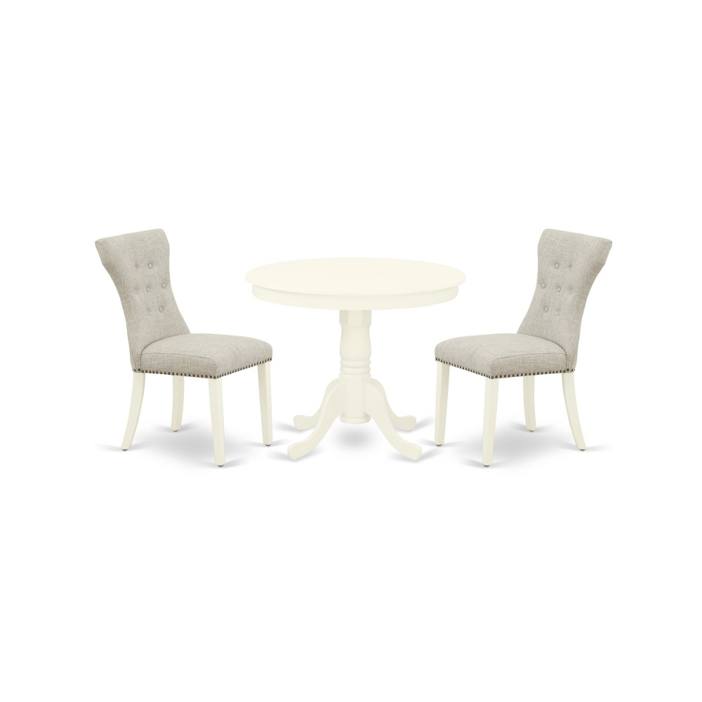 3Pc Wood Dining Set, Round Table, 2 Dining Chairs, Rubber Wood Legs, Linen White