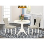 3Pc Wood Dining Set, Round Table, 2 Dining Chairs, Rubber Wood Legs, Linen White