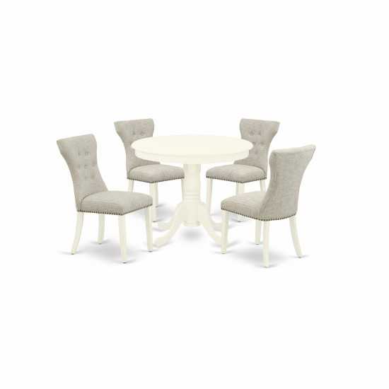5-Pc Dinette Set, Round Dining Table, 4 Dining Chairs, Doeskin Parson Chairs Seat, Rubber Wood Legs, Linen White
