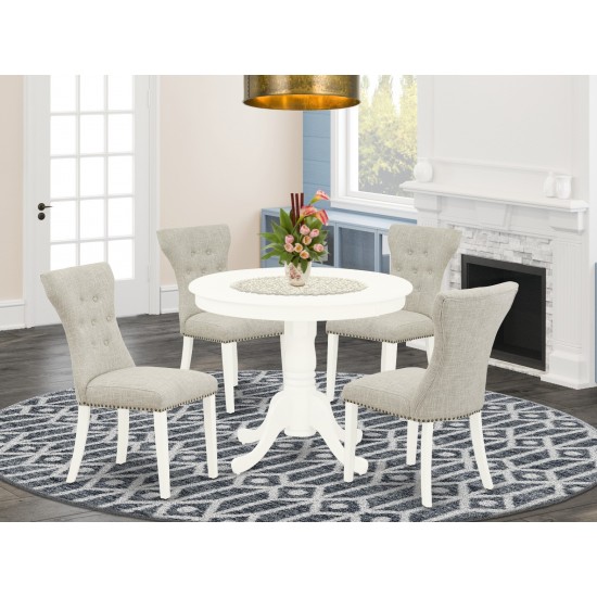 5-Pc Dinette Set, Round Dining Table, 4 Dining Chairs, Doeskin Parson Chairs Seat, Rubber Wood Legs, Linen White