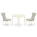 3Pc Dinette Set, Round Kitchen Table, 2 Kitchen Parson Chairs, Doeskin Kitchen Chairs Seat, Rubber Wood Legs, Linen White