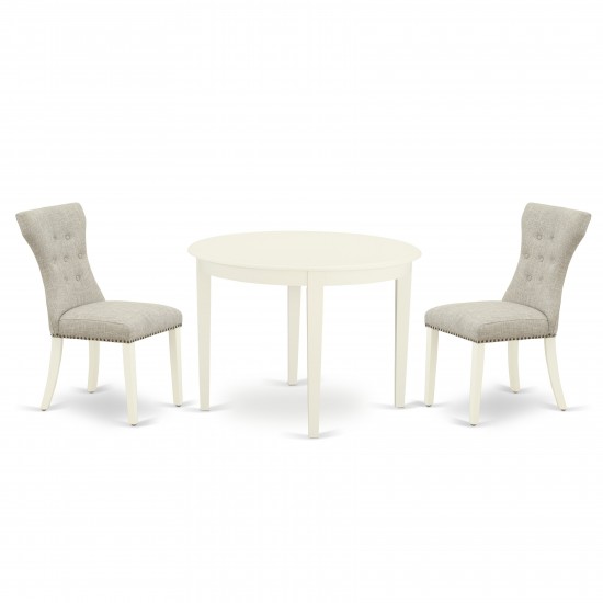 3Pc Dinette Set, Round Kitchen Table, 2 Kitchen Parson Chairs, Doeskin Kitchen Chairs Seat, Rubber Wood Legs, Linen White