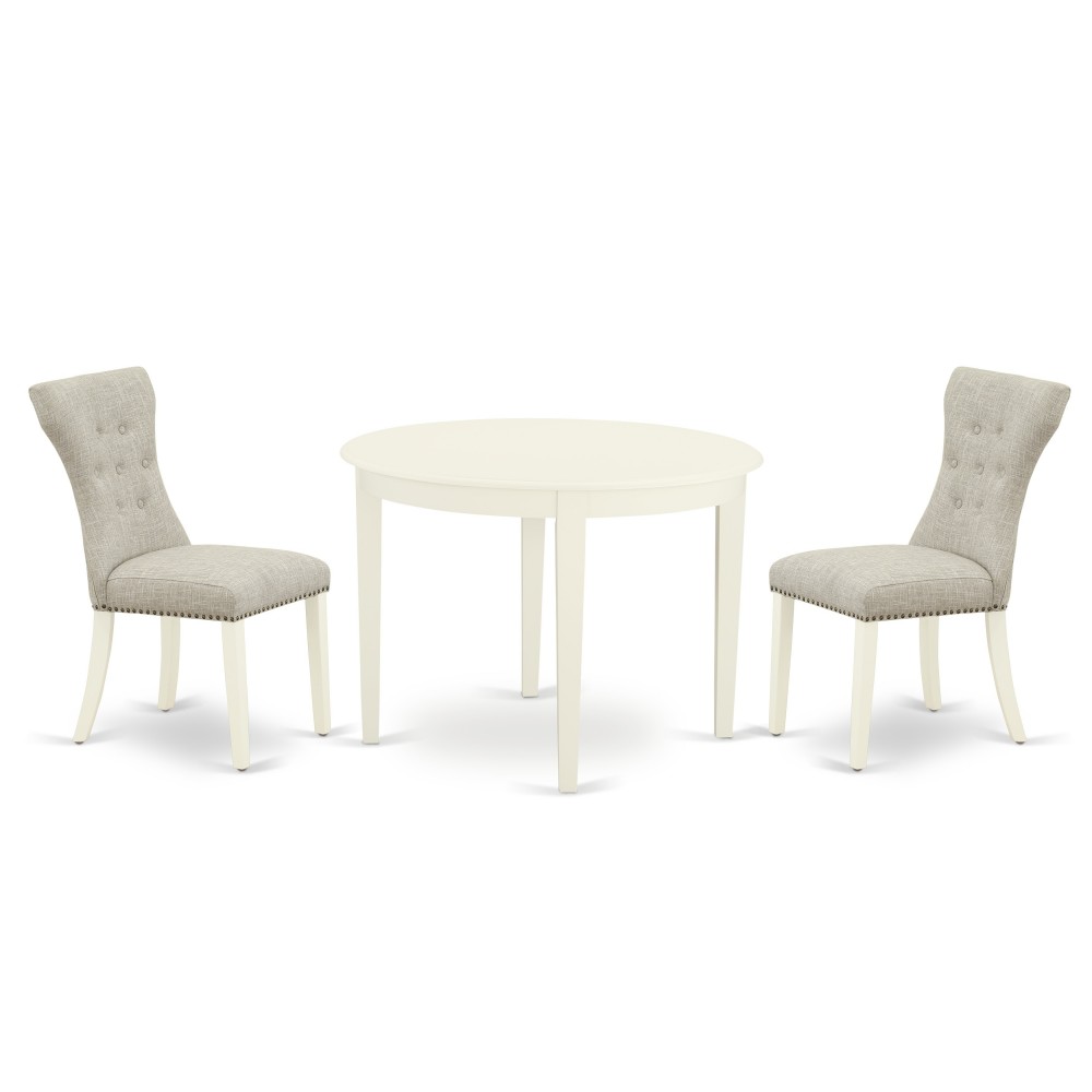 3Pc Dinette Set, Round Kitchen Table, 2 Kitchen Parson Chairs, Doeskin Kitchen Chairs Seat, Rubber Wood Legs, Linen White