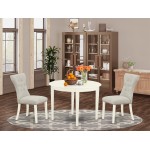 3Pc Dinette Set, Round Kitchen Table, 2 Kitchen Parson Chairs, Doeskin Kitchen Chairs Seat, Rubber Wood Legs, Linen White