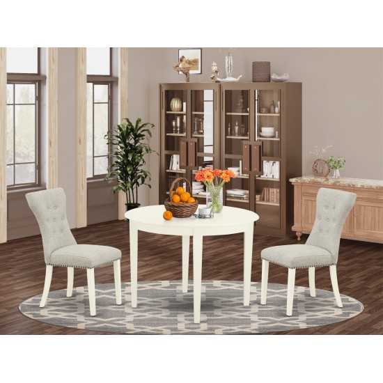 3Pc Dinette Set, Round Kitchen Table, 2 Kitchen Parson Chairs, Doeskin Kitchen Chairs Seat, Rubber Wood Legs, Linen White