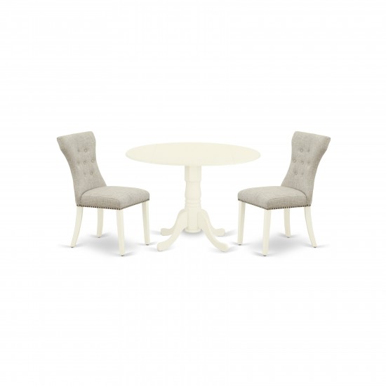 3-Pc Round Dinette Set, Wood Kitchen Table, 2 Dining Chairs, Doeskin Dining Chairs Seat, Rubber Wood Legs, Linen White