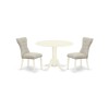 3-Pc Round Dinette Set, Wood Kitchen Table, 2 Dining Chairs, Doeskin Dining Chairs Seat, Rubber Wood Legs, Linen White