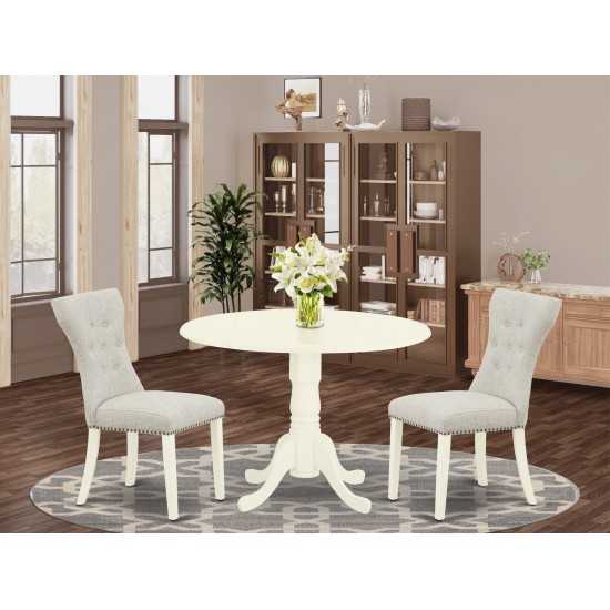 3-Pc Round Dinette Set, Wood Kitchen Table, 2 Dining Chairs, Doeskin Dining Chairs Seat, Rubber Wood Legs, Linen White