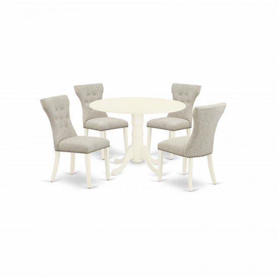 5Pc Kitchen Set, Round Dining Table, 4 Fabric Kitchen Chairs, Doeskin Parson Chairs Seat, Rubber Wood Legs, Linen White