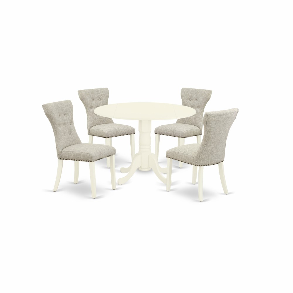 5Pc Kitchen Set, Round Dining Table, 4 Fabric Kitchen Chairs, Doeskin Parson Chairs Seat, Rubber Wood Legs, Linen White 5Pc Kitchen Set, Round Dining Table, 4 Fabric Kitchen Chairs, Doeskin Parson Chairs Seat, Rubber Wood Legs, Linen White