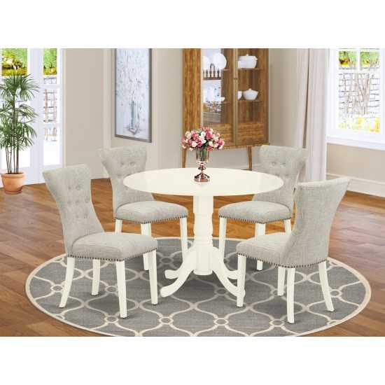 5Pc Kitchen Set, Round Dining Table, 4 Fabric Kitchen Chairs, Doeskin Parson Chairs Seat, Rubber Wood Legs, Linen White