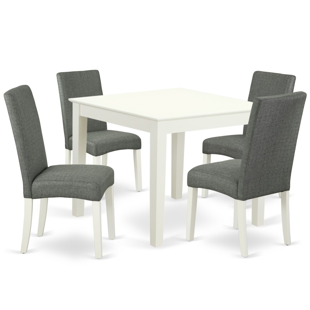 5Pc Square 36" Table, Four Parson Chair, White Finish Leg, Fabric- Gray Color