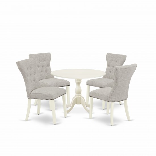 5Pc Dinning Set, 1 Drop Leaves Table, 4 Doeskin Parson Chairs Back, Nail Heads, Linen White Finish