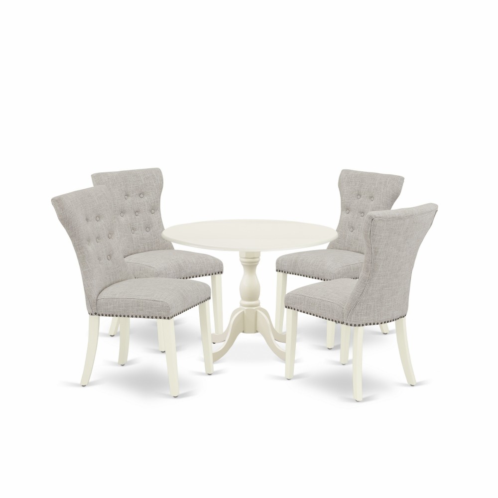 5Pc Dinning Set, 1 Drop Leaves Table, 4 Doeskin Parson Chairs Back, Nail Heads, Linen White Finish