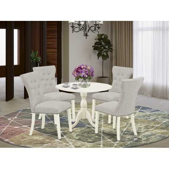 5Pc Dinning Set, 1 Drop Leaves Table, 4 Doeskin Parson Chairs Back, Nail Heads, Linen White Finish