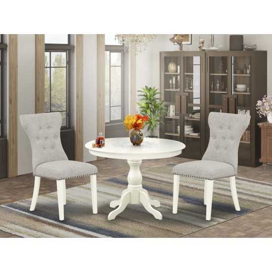 3 Pc Set, Linen White Dinner Table, 2 Doeskin Kitchen Chairs Button Tufted Back, Nail Heads, Linen White Finish