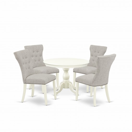 5Pc Dining Set, Linen White Round Table, 4 Doeskin Chairs Back, Nail Heads, Linen White Finish