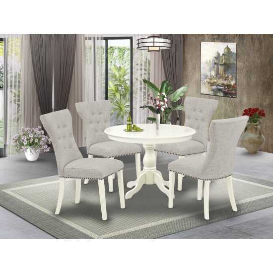 5Pc Dining Set, Linen White Round Table, 4 Doeskin Chairs Back, Nail Heads, Linen White Finish