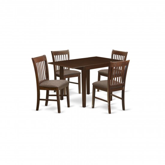 5Pc Wood Dining Set, Drop Leaf Table, 4 Chairs, Linen Fabic Seat, Mahogany