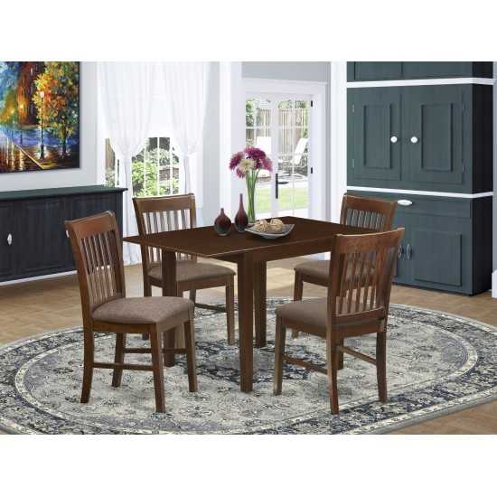 5Pc Wood Dining Set, Drop Leaf Table, 4 Chairs, Linen Fabic Seat, Mahogany