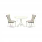 3-Pc Kitchen Dinette Set, Pedestal Dining Table, 2 Dining Chairs, Doeskin Dining Chairs Seat, Rubber Wood Legs, Linen White